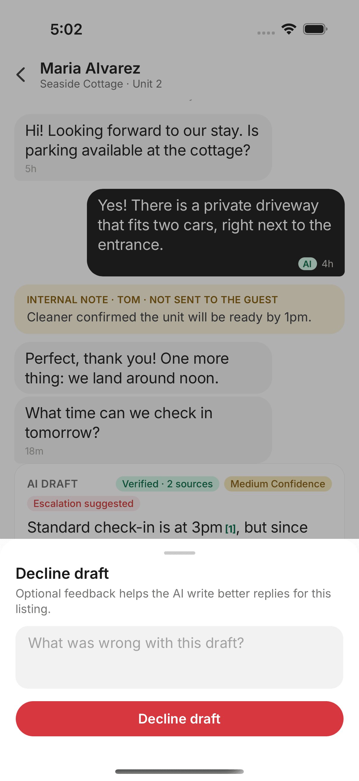 Declining a draft with feedback that trains the AI