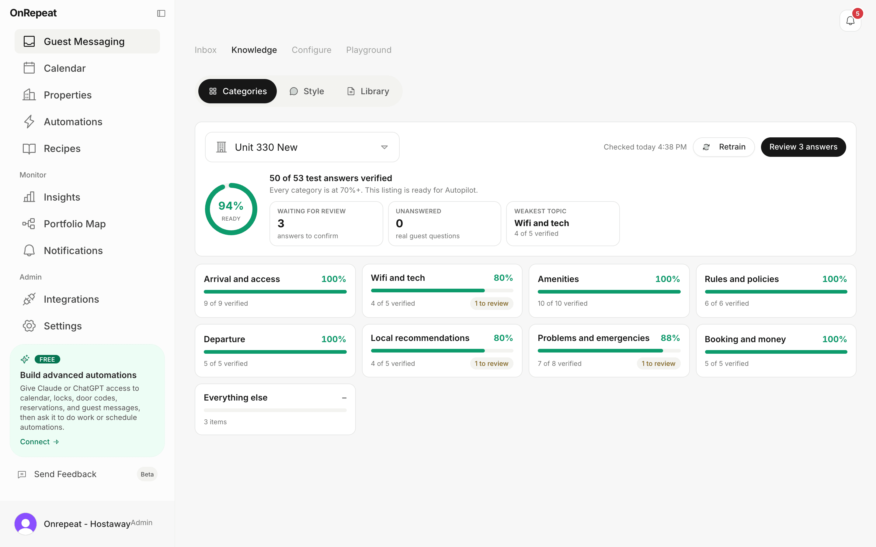Knowledge readiness dashboard with verified counts per category