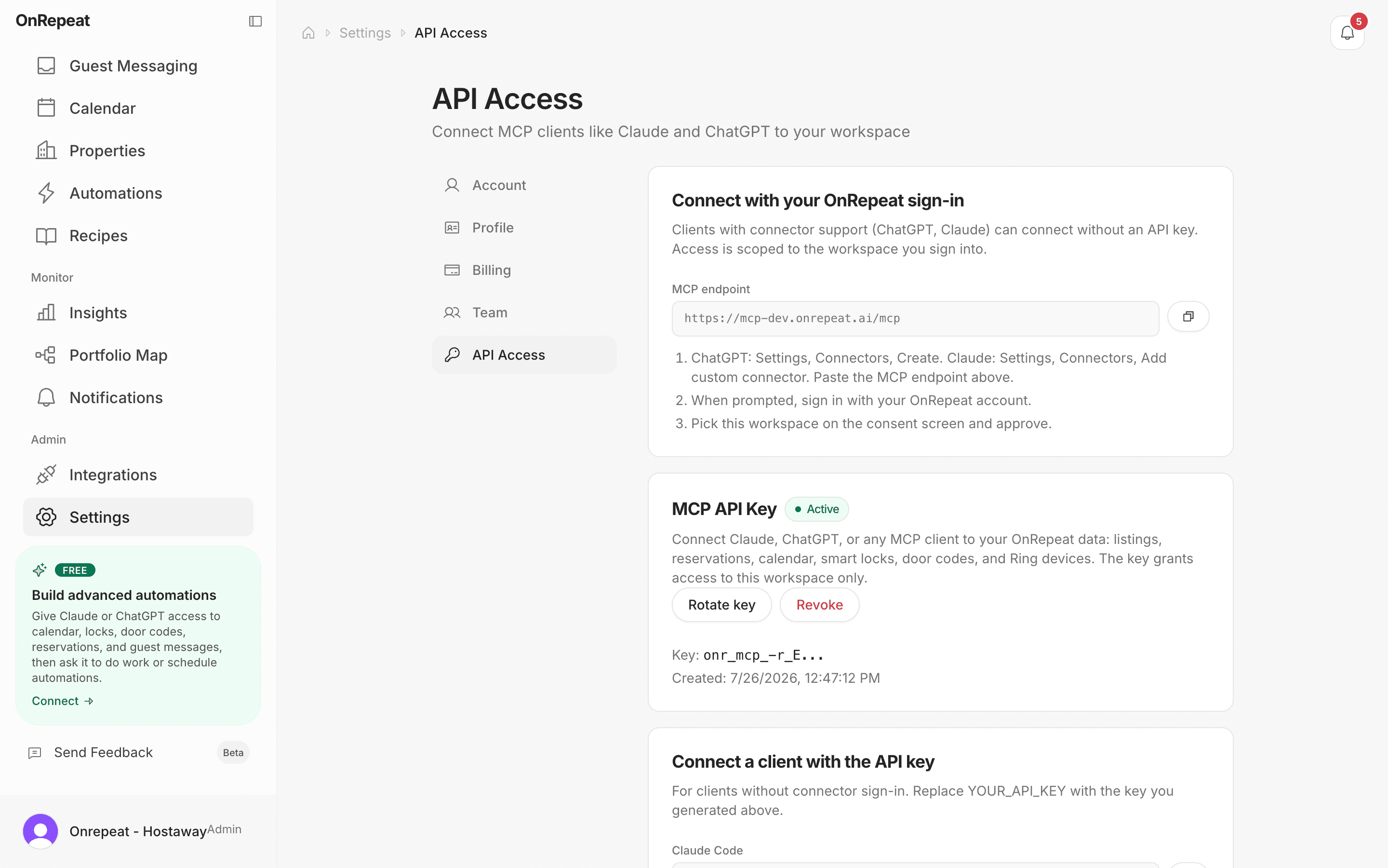 The real API Access screen: MCP endpoint, active key, connector steps