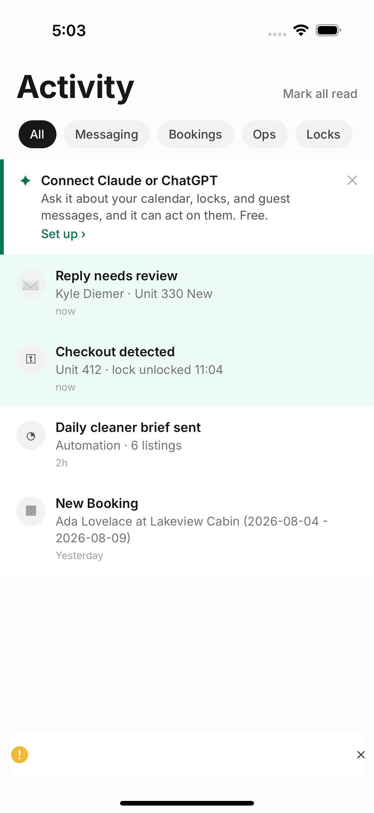 Recent messages, bookings, and operational activity in one feed