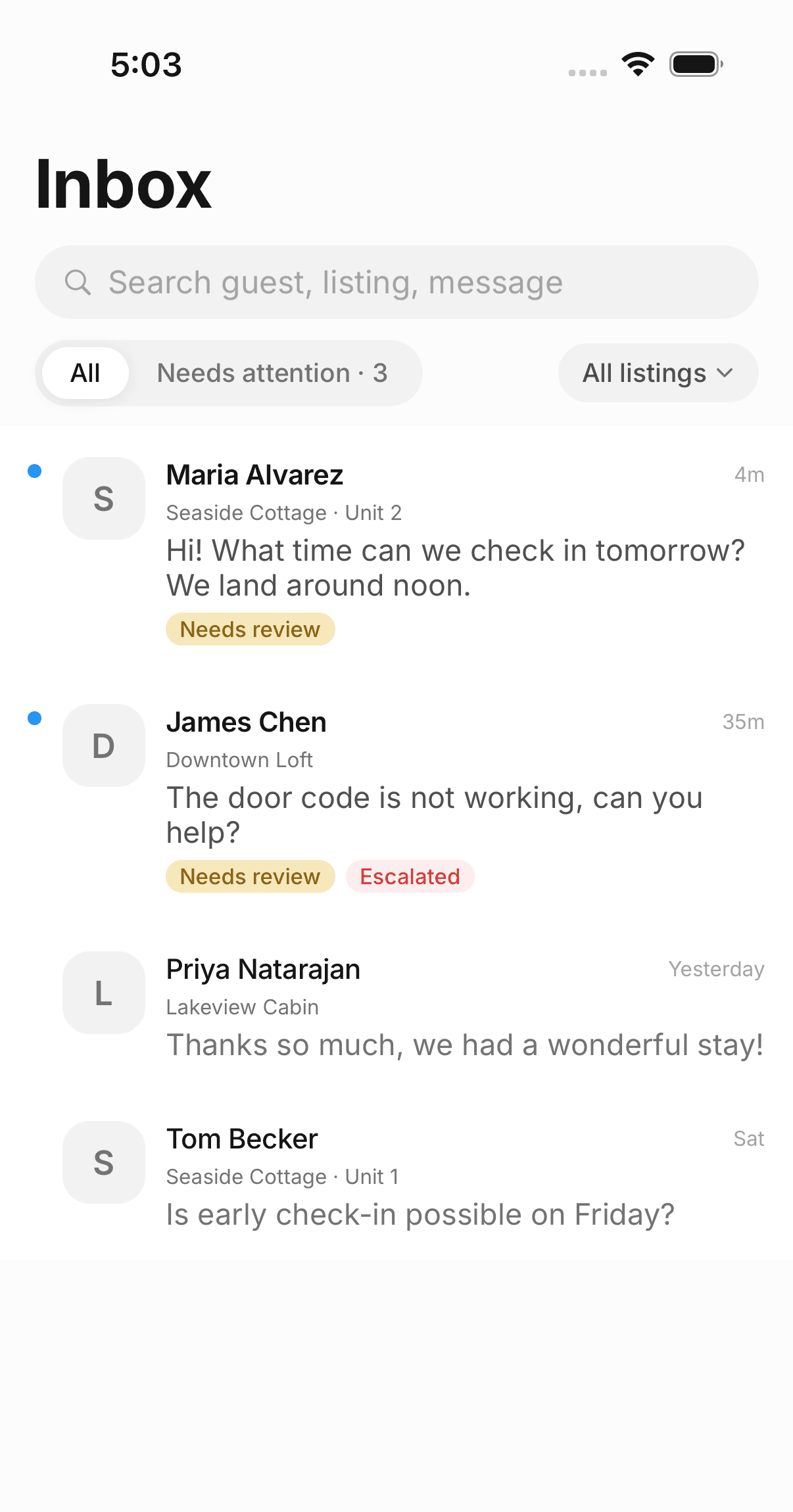 The inbox with conversations and needs-review indicators