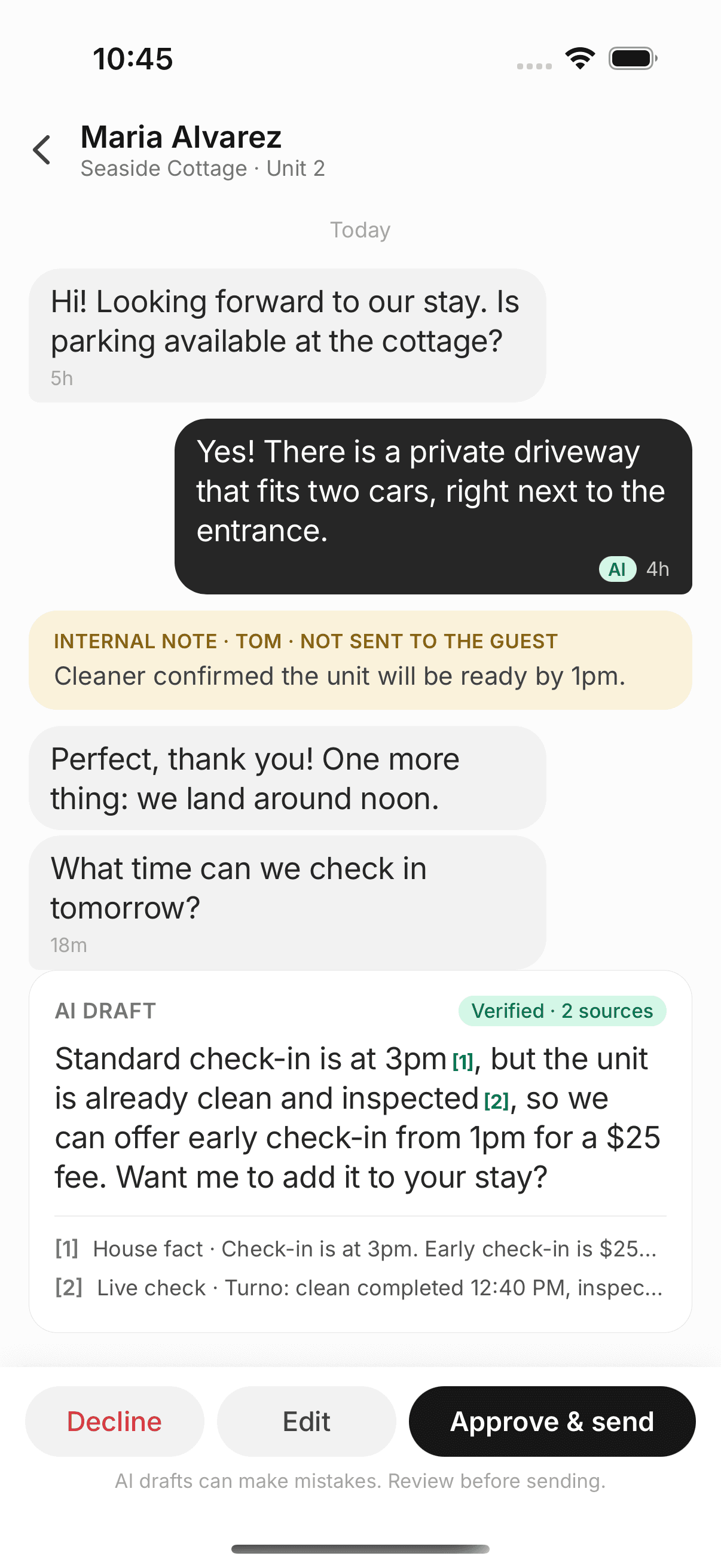 A guest thread with an AI draft, verified sources, and one-tap approve