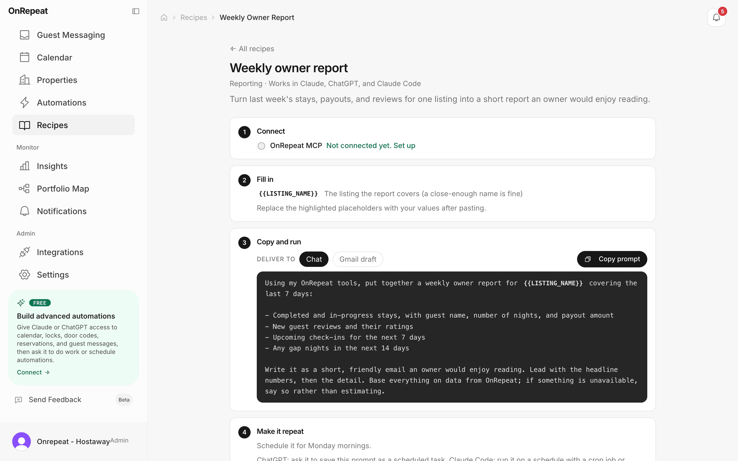 A real recipe: numbered setup steps and the prompt console